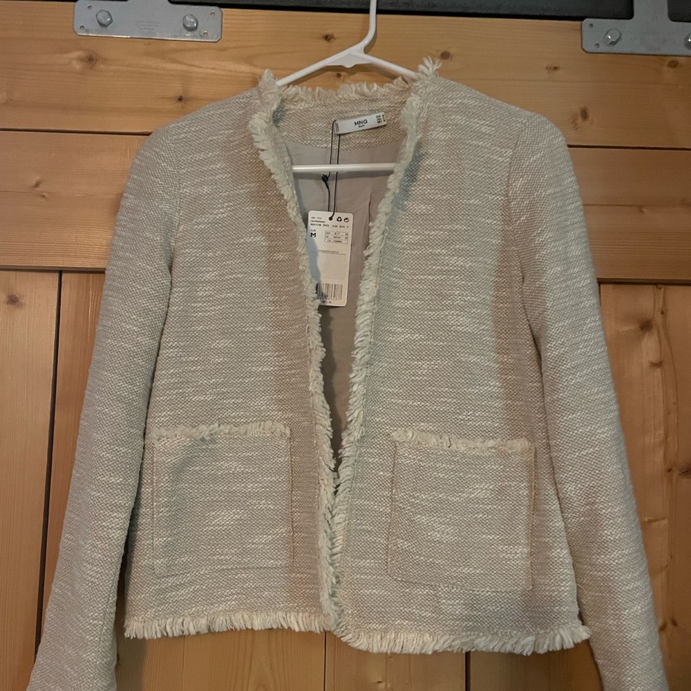 Small- NWT Cream/linen color Mango Suit brand Fringe Bouclé Jacket